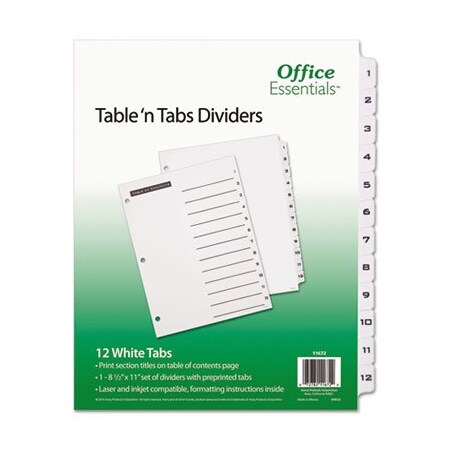 Avery Dennison Office Ess, TABLE 'N TABS DIVIDERS, 12-TAB, 1 TO 12, 11 X 8.5, WHITE 11672